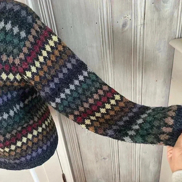 90s Vintage Eclectic Grandpa Coastal Grandma preppy Earthy Fair Isle Cardigan Lg - Picture 7 of 11